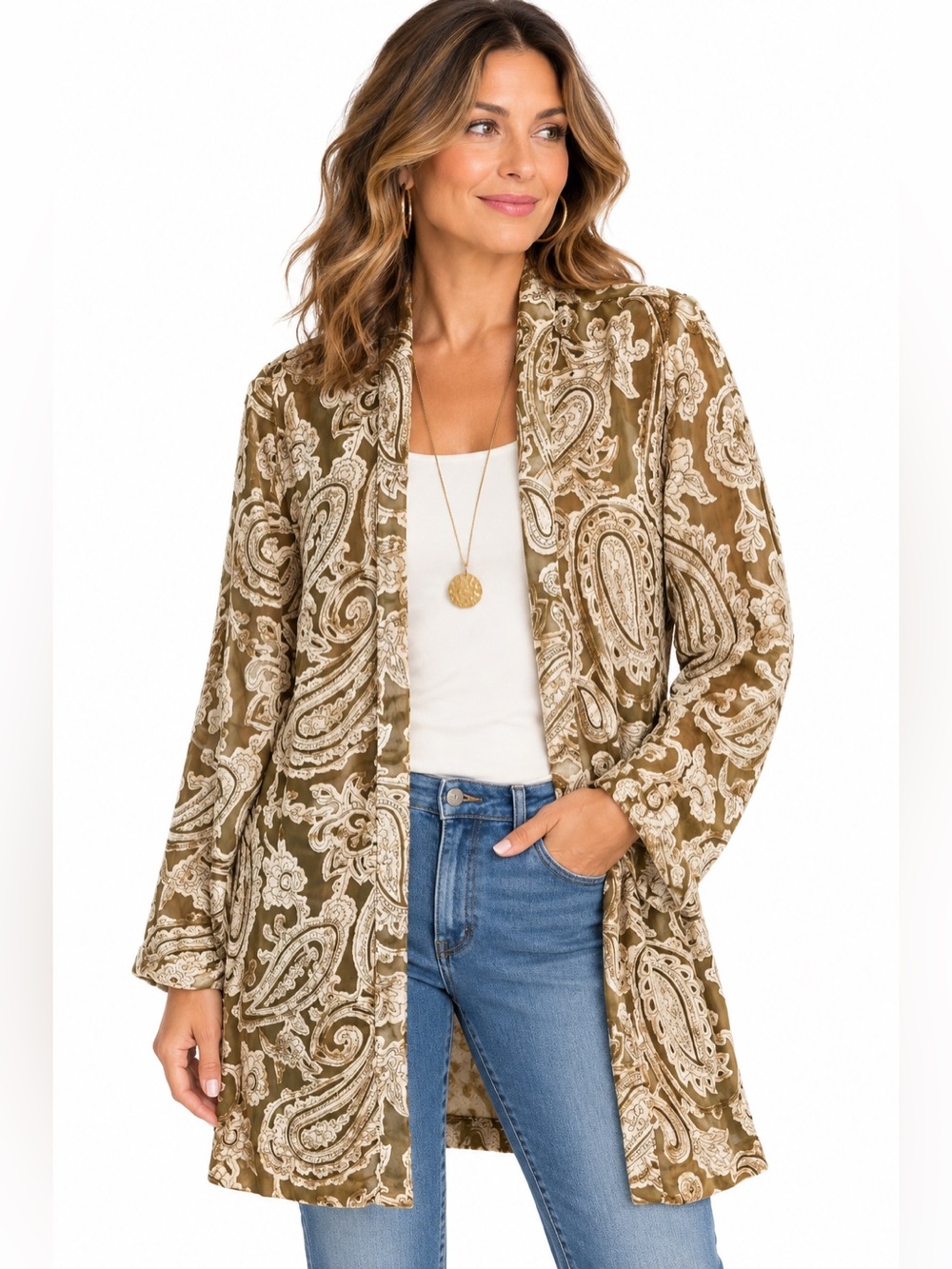 Vtg Sarah Elizabeth Velvet Burnout Paisley Duster 10 Cardigan Tan Boho Chic